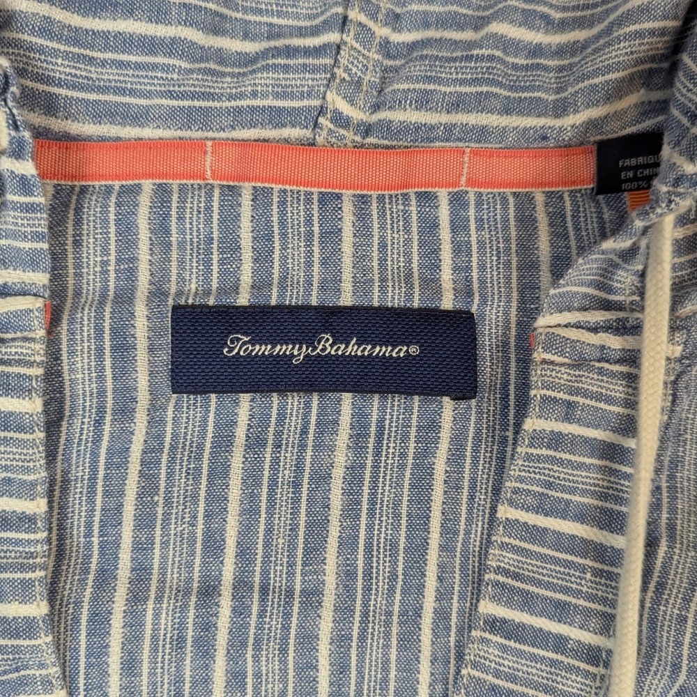 Tommy Bahama Brazillionaire Hoodie Mens L Blue White Stripe 100% Linen Marlin - Picture 2 of 12
